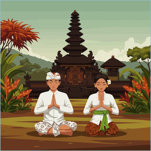 Balinese Couple Meditating Before a Temple in Bali