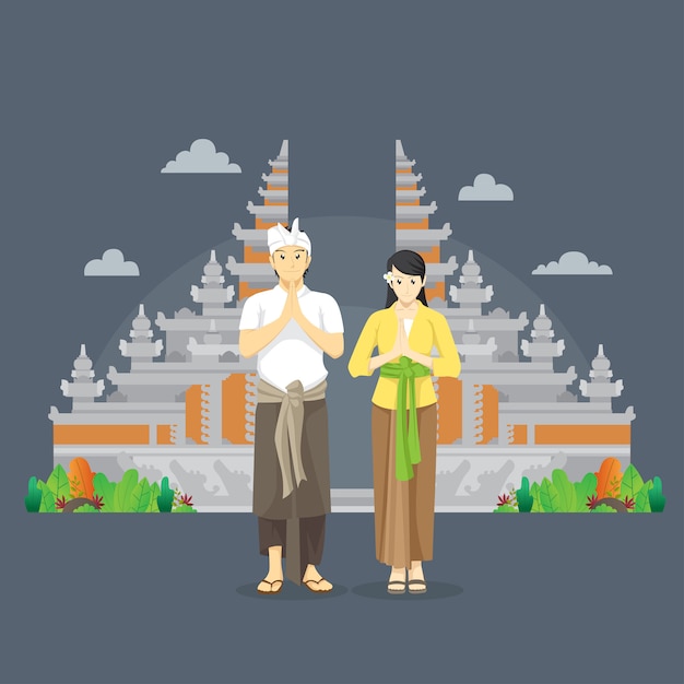 balinese couple namaste greetings in front of gate