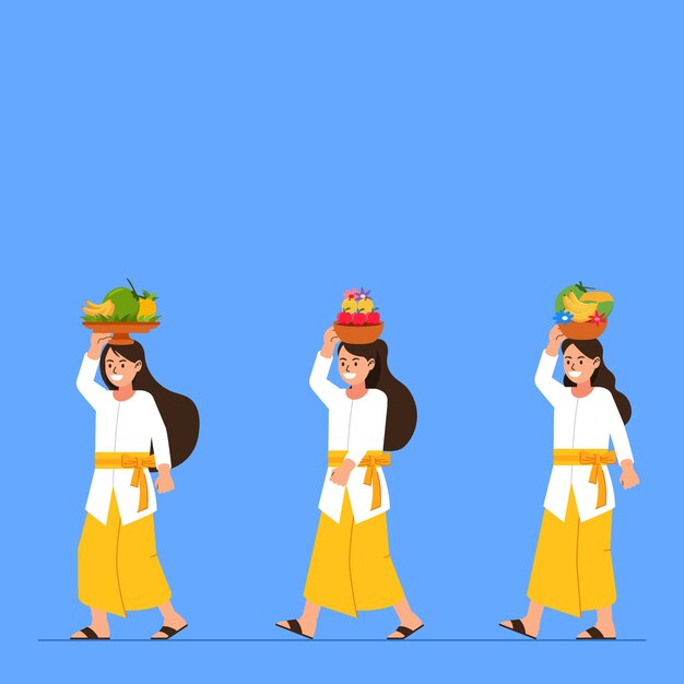 Vector balinese girl walking bring fruit for offering