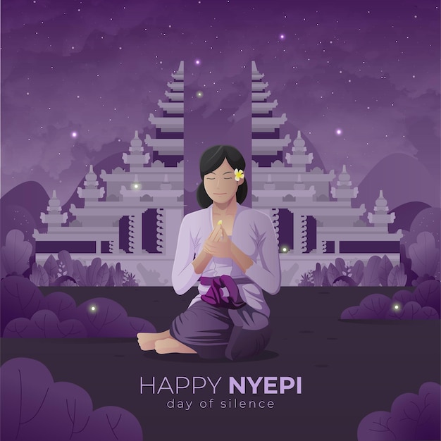 Векторная поздравительная открытка балийского дня ньепи с медитирующей женщиной