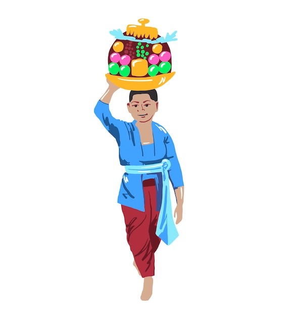 Vector a balinese woman carries ritual fruit offerings to the deity on her head vector illustration