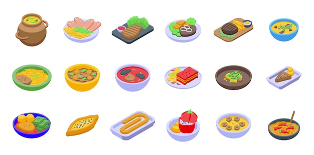 Balkan cuisine icons set isometric vector Dinner food