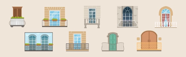 Balkon met vensters voorzijde en buiten vector set