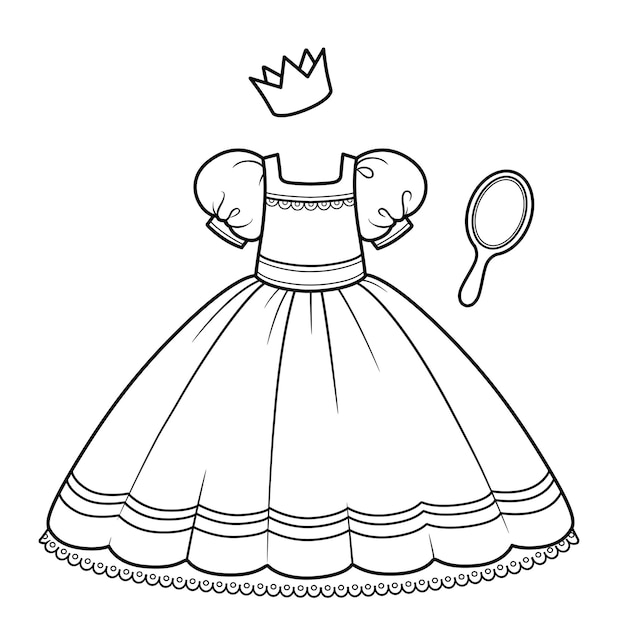 Vector ball gown with fluffy skirt hand mirror and crown princess outfit outline for coloring on a white background