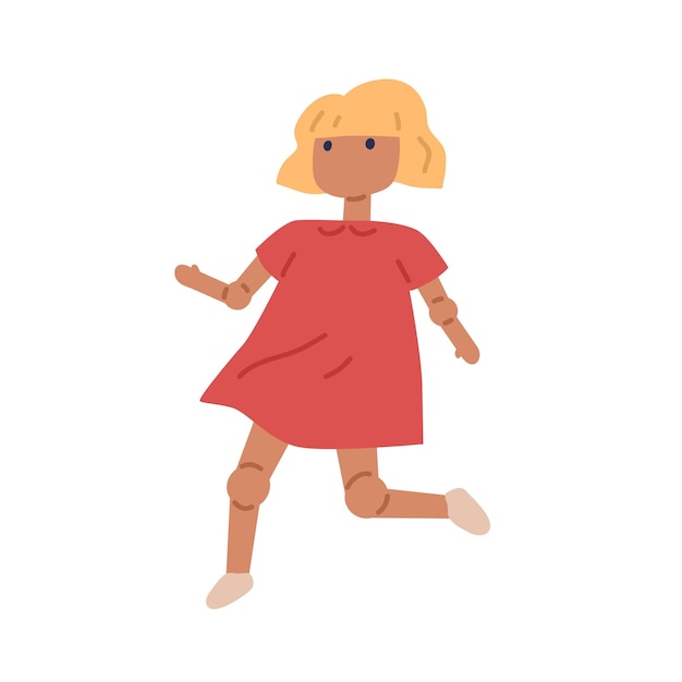 Шарнирная кукла с подвижными ногами и руками. девичья деревянная игрушка с подвижными сгибающимися локтями и коленями. кукла-девочка в платье. плоская векторная иллюстрация на белом фоне.