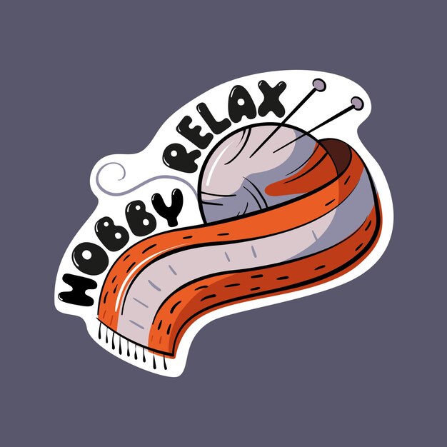 A ball and a knitted scarf. Sticker "Relax hobby" .