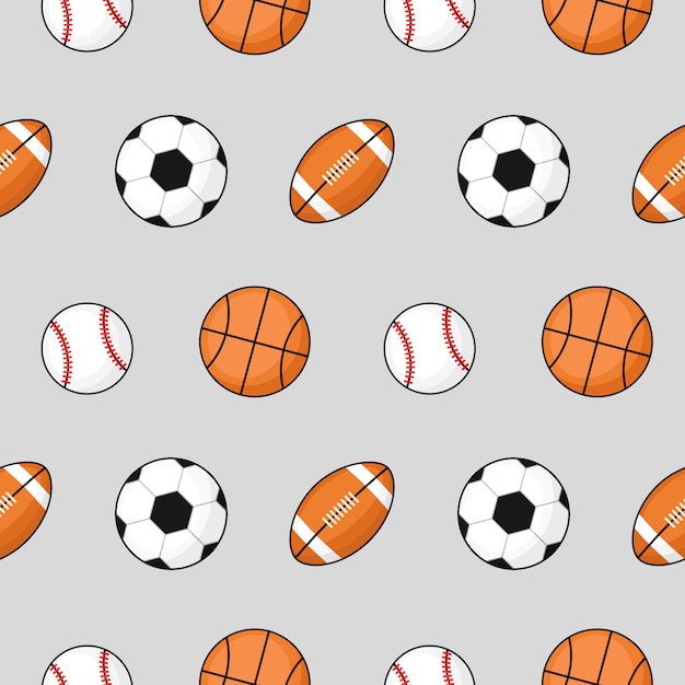 Ball seamless pattern football, basketball, soccer on gray.