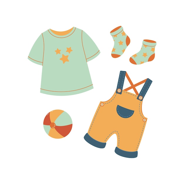 Vector ball and set of childrens clothes socks shirt and overalls for the baby