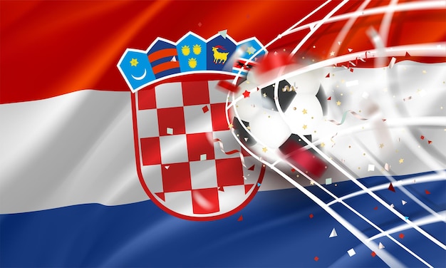 The ball in the soccer net Goal vector concept with flag of Croatia 3d vector banner with blur effect