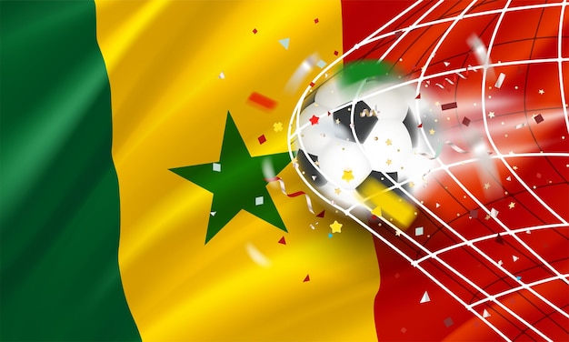 The ball in the soccer net Goal vector concept with flag of Senegal 3d vector banner with blur effect