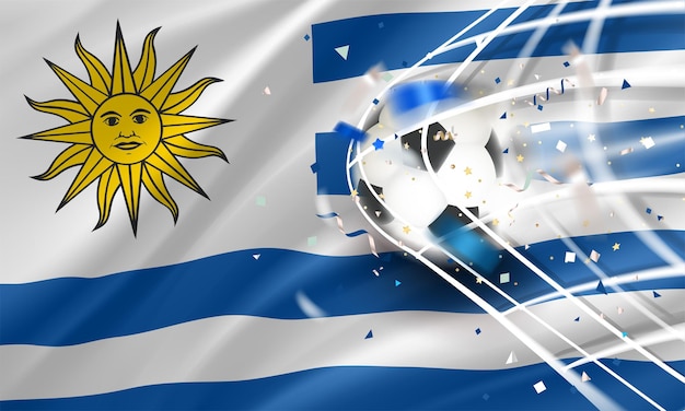Vettore la palla nella rete da calcio concetto di vettore obiettivo con la bandiera dell'uruguay banner vettoriale 3d con effetto sfocato
