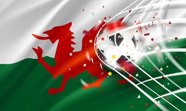 The ball in the soccer net goal vector concept with flag of wales 3d vector banner with blur effect