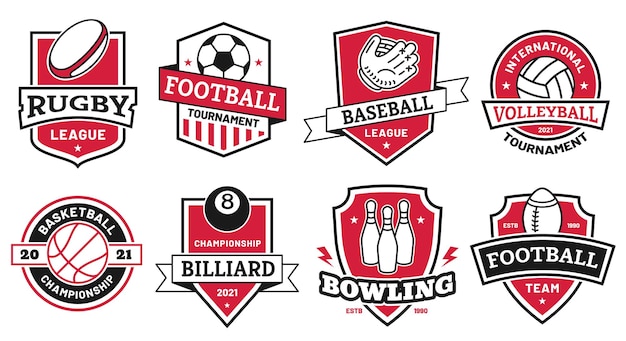 Logo sportivo con la palla. distintivi per football americano, calcio e campionato di basket. simbolo del torneo di pallavolo e bowling sull'insieme di vettore dello scudo. illustrazione logo sport club, distintivo di baseball