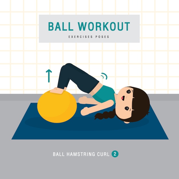 Vector ball workout. vrouw die de oefening van de stabiliteitsbal doen en yoga opleiding bij gymnastiekhuis, verblijf thuis concept. karakter cartoon illustratie