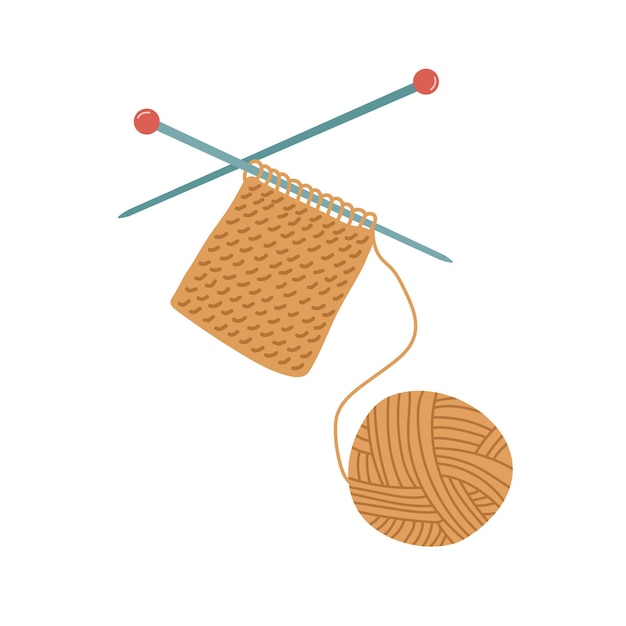 Ball of yarn with knitting needles and bound canvas. Clews, skeins of wool. Tools for knitwork
