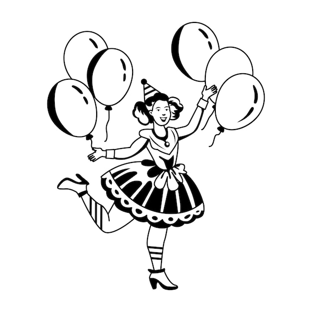 ballerina clown dancing with balloon illustration in glyph style