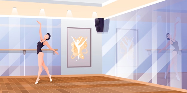 Vector ballerina dancing in studio at class ballet school interior design beautiful woman at handrail during lesson