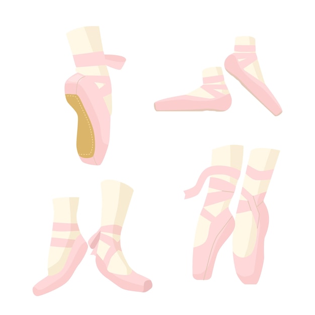 Vector ballerina legs in pointe ballet shoes, pink slippers with ribbons, footgear for dancing and performance on stage