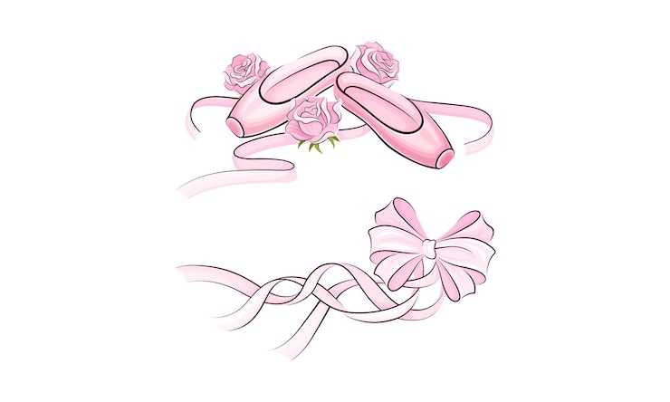 Vector 발레리나 분홍색 액세서리 세트 포인트와 활 손으로 그린 터 일러스트레이션