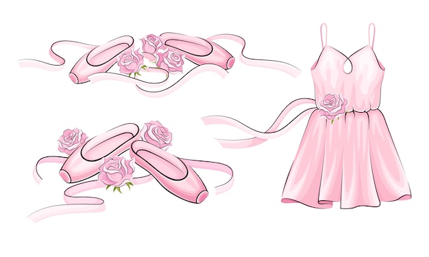 Ballet Accessories with Dress and Pair of Pointeshoes Vector Set