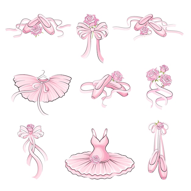 Vector ballet accessories with tutu skirt and pair of pointeshoes vector set