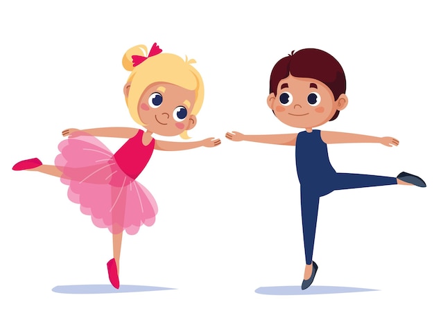 발레 소년과 소녀 벡터 만화 그림 아름다운 의상을 입은 아이들이 춤을 추고 있습니다.