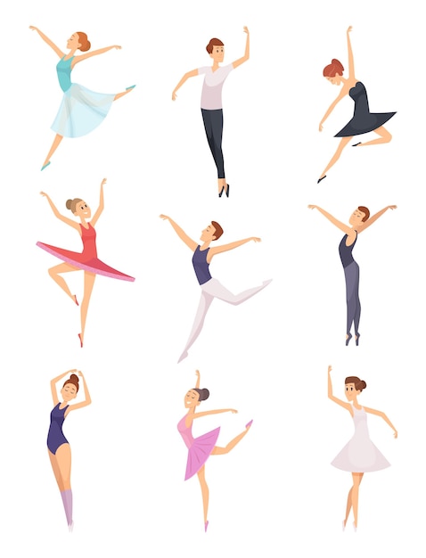 Ballet jongens en meisjes. Balletdansers mannelijke en vrouwelijke vector tekens geïsoleerd. Meisje en jongen balletdans, illustratie danser cartoon prestaties