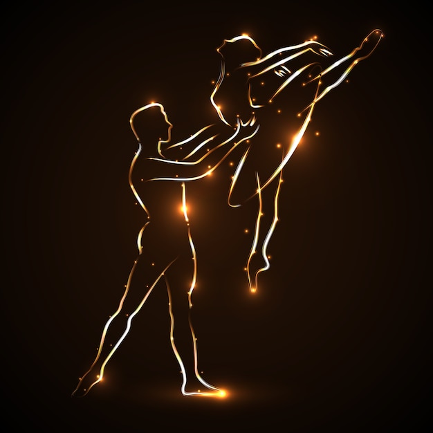 Ballet. paar dansen ballet. ballerina en haar partner. paarverklaring. man danser ondersteunt taille ballerina tijdens het springen. abstract silhouet van twee dansers met gouden lichtomtrek. vector