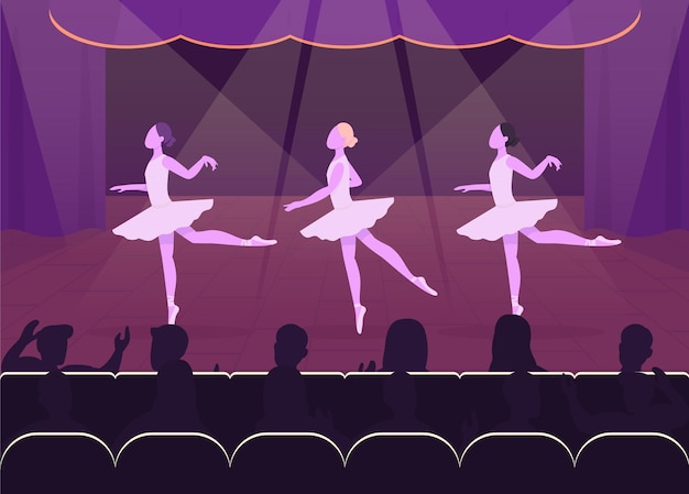 Vector ballet perfomance flat . beautiful evening event. goregous balleries dancing in front of crowd 2d cartoon characters with nice decorated stage