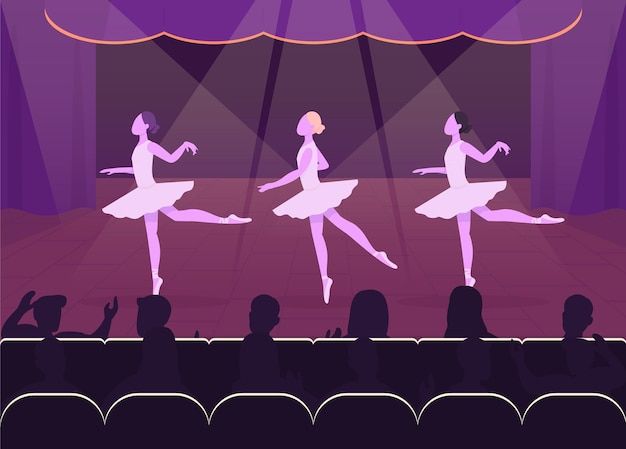 Vettore performance di balletto piatto. bellissimo evento serale. bellissime ballerine che ballano davanti alla folla personaggi dei cartoni animati 2d con un bel palco decorato