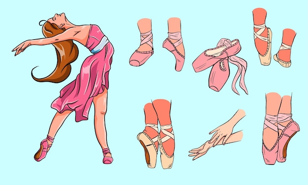 ballet set. Ballerina and pointe shoes. Ballerina legs in ballet shoes. Arms. Cartoon style.