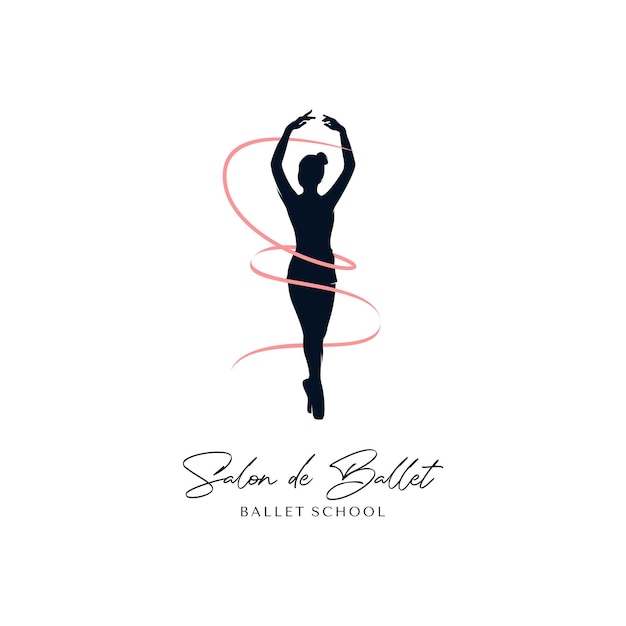 Balletdanser silhouet met linten logo ontwerpsjabloon