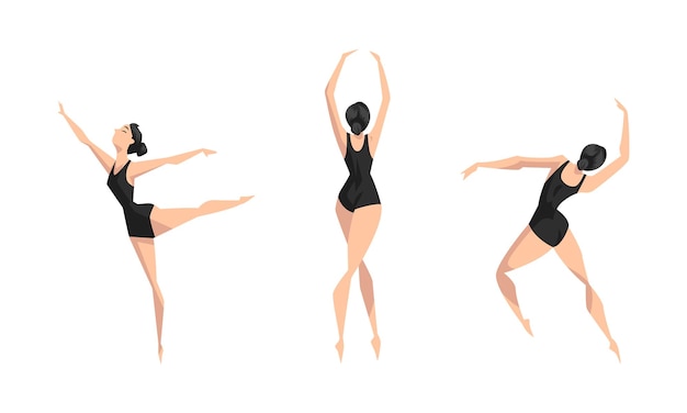 Balletdanseres dansend in zwarte leotard Set Jonge vrouw Performing Art Gymnastiek Oefeningen Cartoon Vector Illustratie