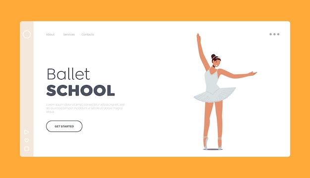 Vector balletschool bestemmingspaginasjabloon ballerinameisje draag tutu en pointe-schoenen staan in positie karaktertraining