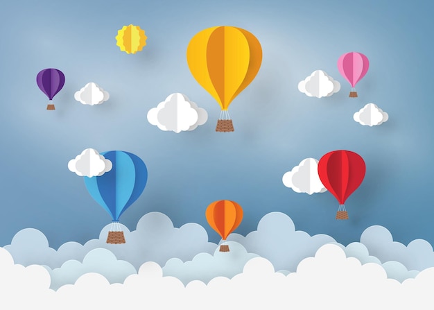 Ballon and Cloud in the blue sky with paper art design vector design element and illustration