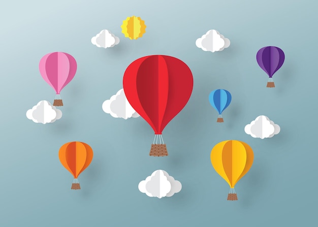 Воздушный шар и облако в голубом небе с элементом векторного дизайна бумажного искусства и иллюстрацией