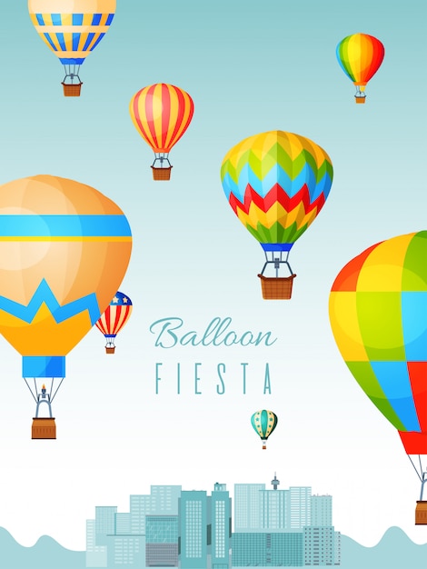 Ballon festival poster, hete lucht kogel ritten, vlakke afbeelding. reizen over stad landschap, ontwerp concept banner aeronaut viering.