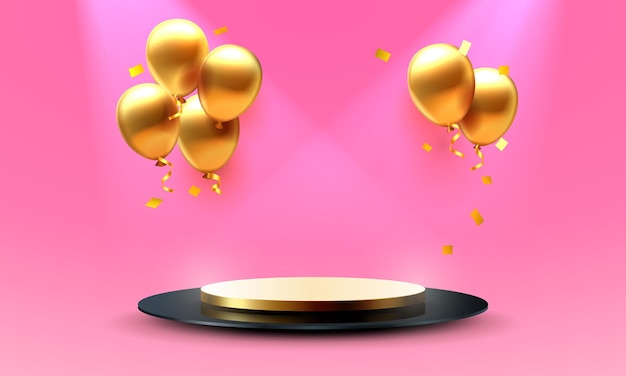 Ballon gouden podium cadeau vieren gelukkige verjaardag goud platform banner vector illustratie