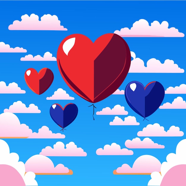 Ballonnen hart hemel wolken liefde natuur romantiek romantische trouwdag vliegende blauwe hemel vector