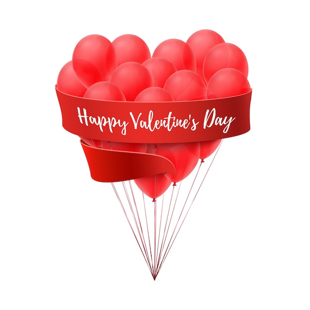 Vettore palloncini a forma di cuore con nastro rosso isolato su sfondo bianco.