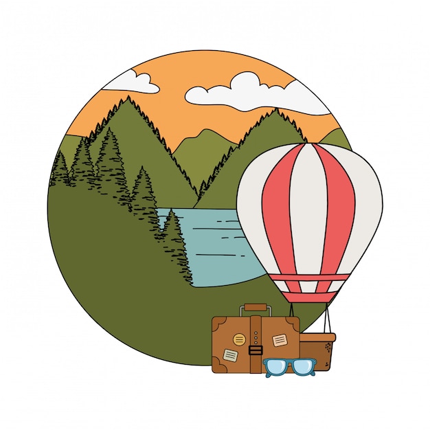 воздушный шар горячий полет с соснами и чемоданом