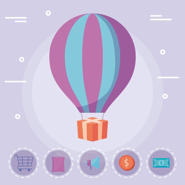 Vector balloon air hot with gift and commercial icons