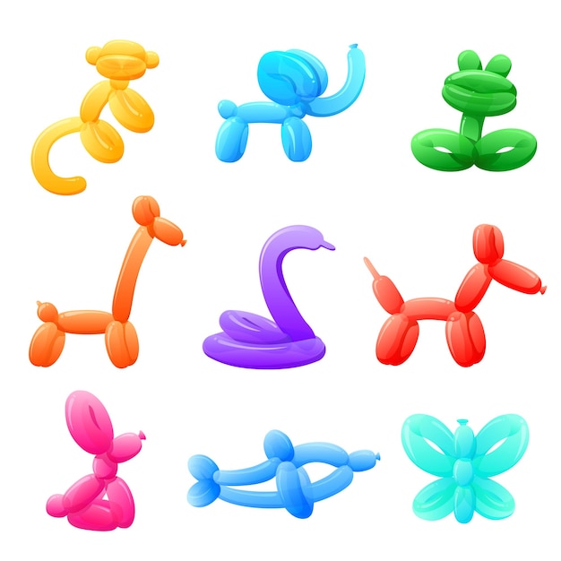 Balloon animals Bright party balloons kids birthday entertainment tools Isolated abstract frog dog monkey Funny cute toy recent vector collection