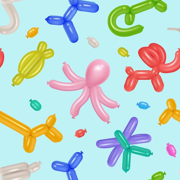 Balloon animals pattern different rubber colored balloons for festive decent vector template for textile design project kids playground seamless decoration illustration of background animal toys