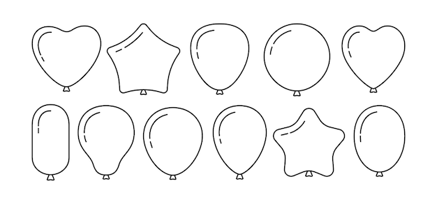 Вектор Шар день рождения черная линия мультфильм набор наброски символ глянцевый гелиевые шары коллекция для вечеринки