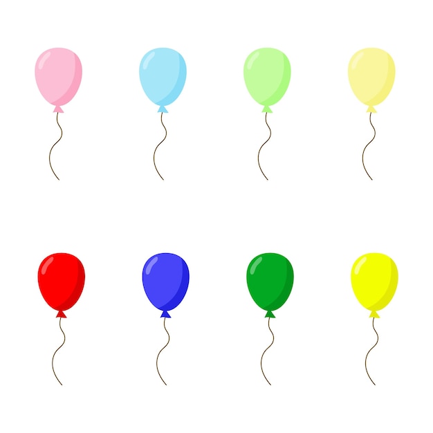 Balloon in cartoon style Bunch of balloons for birthday and party Flying balloon with rope Blue red yellow and green ball isolated on white background