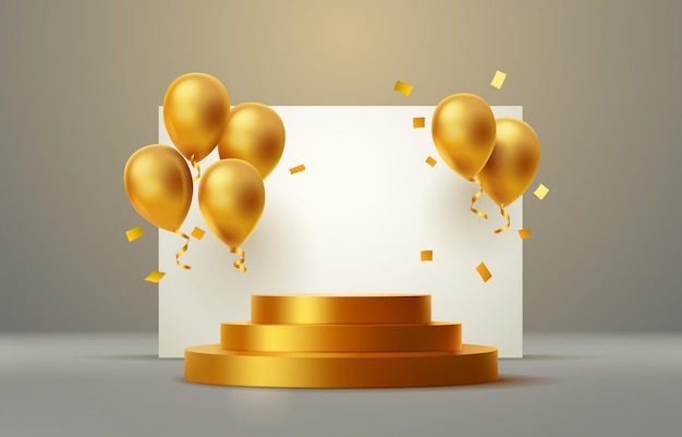 Balloon golden podium present, celebrate happy birthday, gold platform banner. Vector illustration