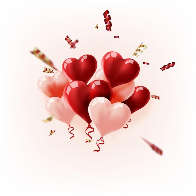 Воздушные шары Векторная праздничная иллюстрация летающей связки красных и розовых сердечек из воздушных шаров и сверкающих конфетти С Днем Святого Валентина Праздничное романтическое украшение