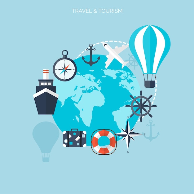 Balloon icon world travel concept background flat icons tourism holidays vacation sea ocean land air