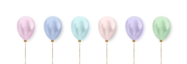 Набор воздушных шаров для украшения Реализм векторный клипарт Разноцветные воздушные шары в пастельных тонах с золотой лентой и бантом